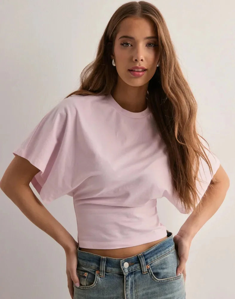 Simple Round Neck Pullover Short Sleeve Waist Slim Solid Loose Casual T-shirt Mssza