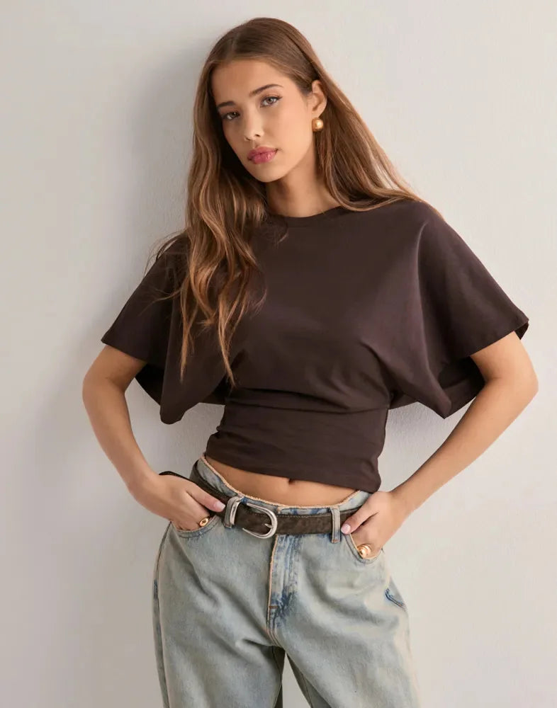Simple Round Neck Pullover Short Sleeve Waist Slim Solid Loose Casual T-shirt Mssza