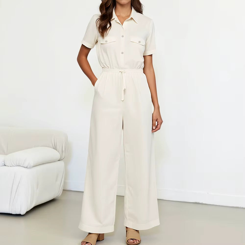 Simple Single Breasted Short Sleeve Shirt Collar Ankle Straight Jumpsuits Mssza