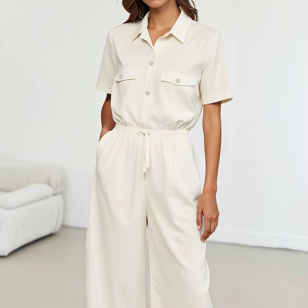 Simple Single Breasted Short Sleeve Shirt Collar Ankle Straight Jumpsuits Mssza