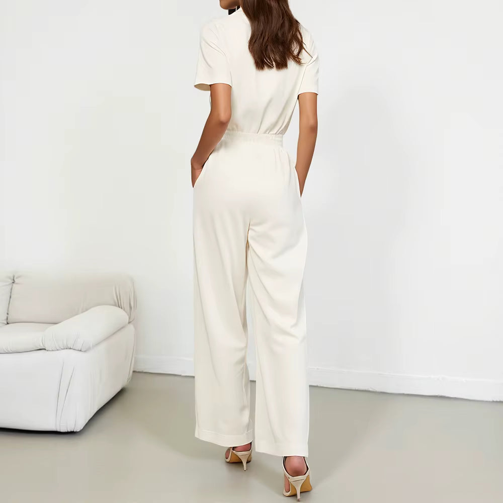 Simple Single Breasted Short Sleeve Shirt Collar Ankle Straight Jumpsuits Mssza