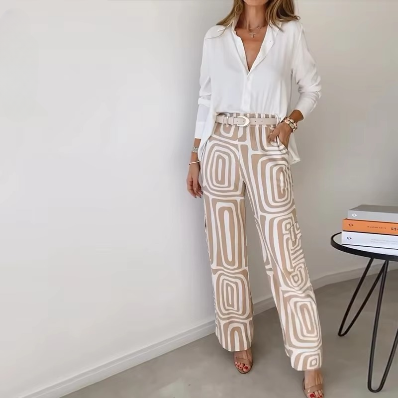Single Breasted Long-Sleeved Shirt Solid Button Top Printed Pants Two Piece Sets No Belt Mssza