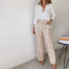 Single Breasted Long-Sleeved Shirt Solid Button Top Printed Pants Two Piece Sets No Belt Mssza