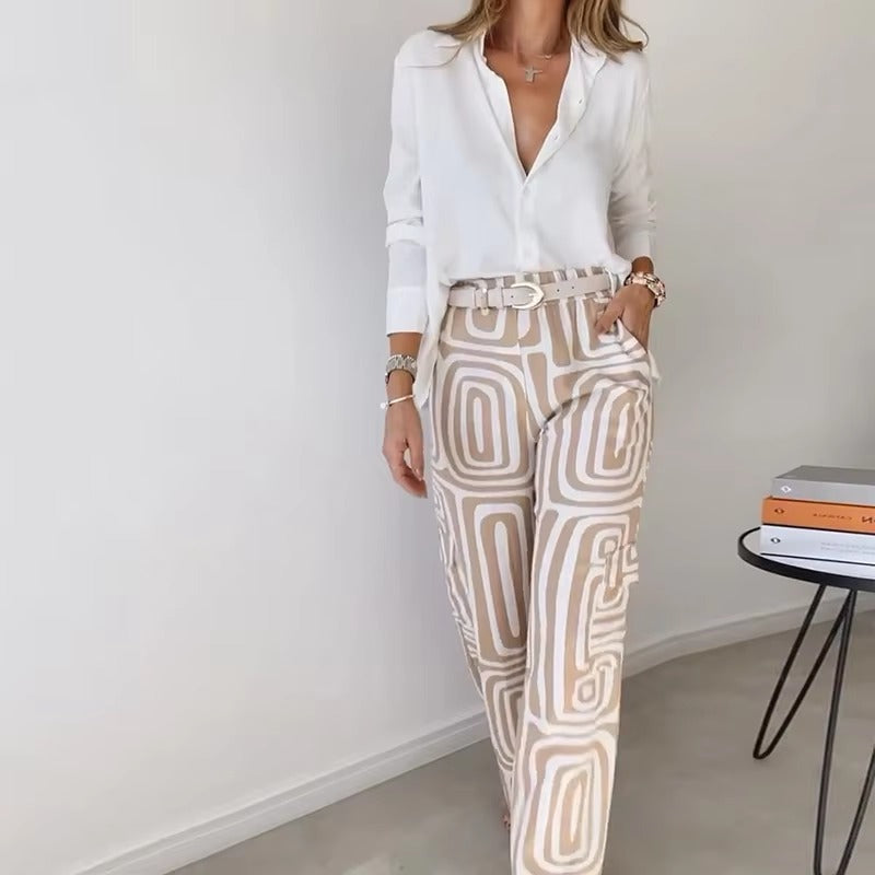 Single Breasted Long-Sleeved Shirt Solid Button Top Printed Pants Two Piece Sets No Belt Mssza