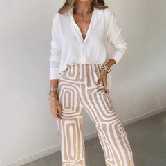 Single Breasted Long-Sleeved Shirt Solid Button Top Printed Pants Two Piece Sets No Belt Mssza