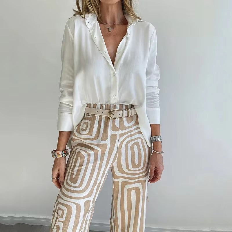 Single Breasted Long-Sleeved Shirt Solid Button Top Printed Pants Two Piece Sets No Belt Mssza