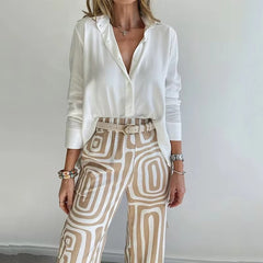 Single Breasted Long-Sleeved Shirt Solid Button Top Printed Pants Two Piece Sets No Belt Mssza