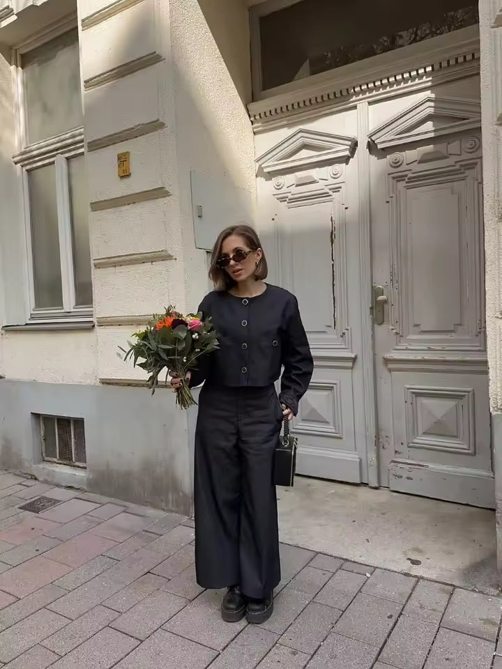 Single Breasted Round Neck Shirt High Waisted Pant With Pocket 2 Piece Set Mssza