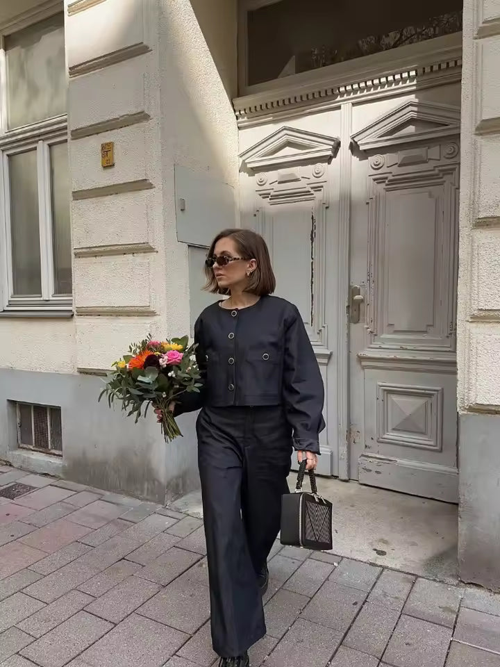 Single Breasted Round Neck Shirt High Waisted Pant With Pocket 2 Piece Set Mssza