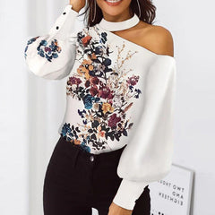 Skew Collar Floral Leopard Print Blouse Mssza