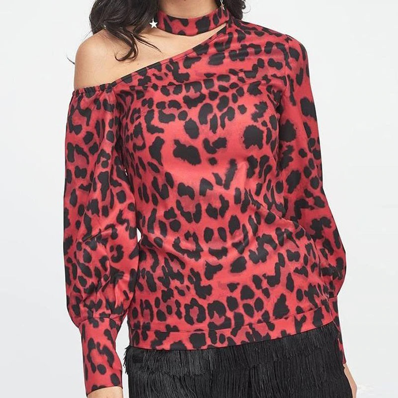 Skew Collar Floral Leopard Print Blouse Mssza
