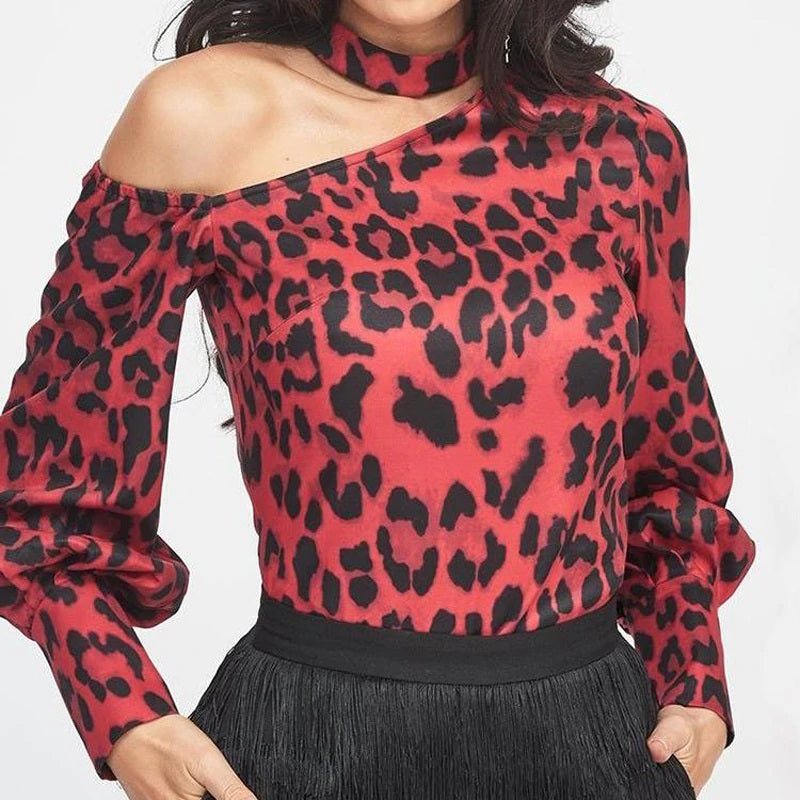 Skew Collar Floral Leopard Print Blouse Mssza