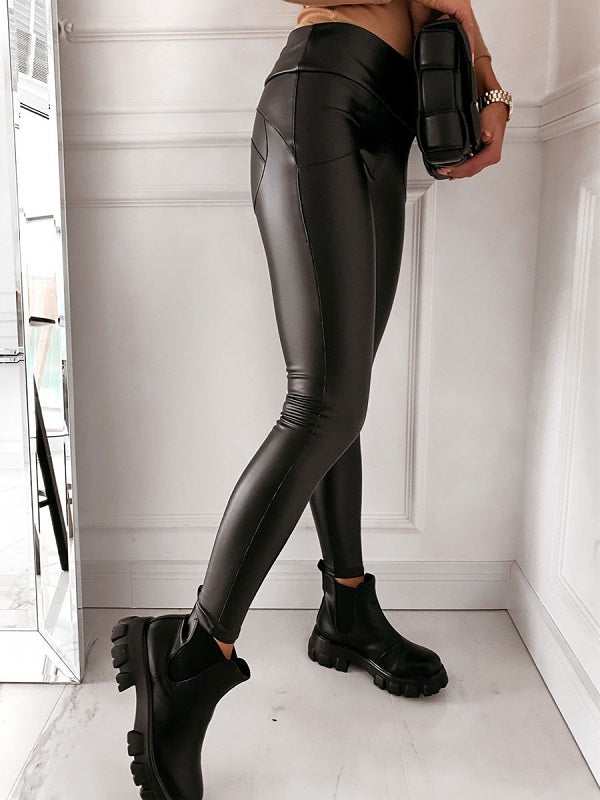 Skinny Pants Pu Leather High Rise Waist Trousers Mssza