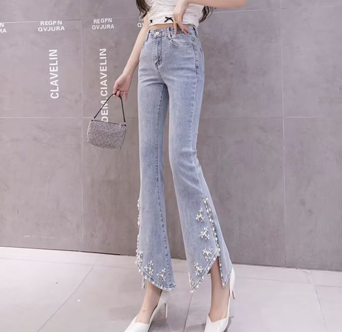 Casual Skinny Split High-waist Beading Pearl Chain Flared Pants Mssza