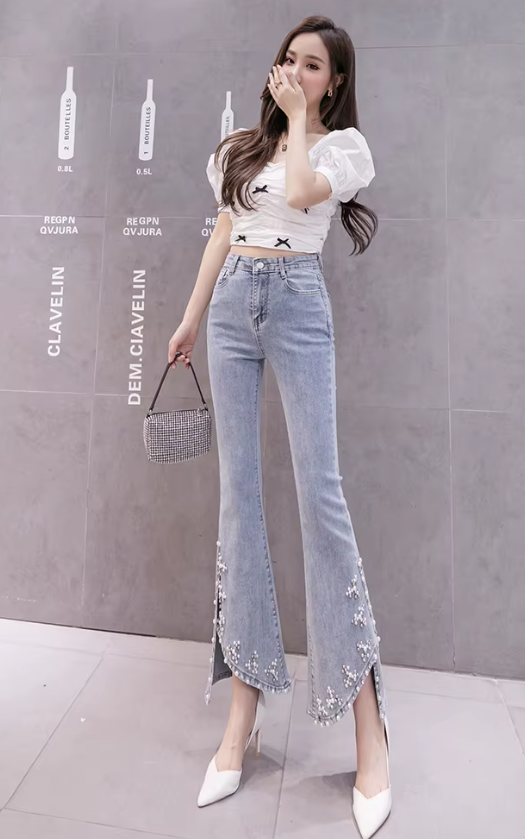 Casual Skinny Split High-waist Beading Pearl Chain Flared Pants Mssza