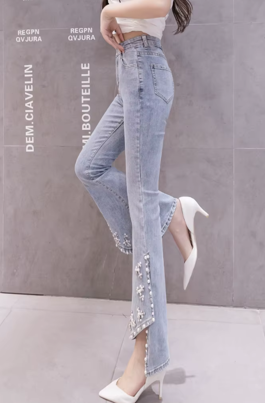 Casual Skinny Split High-waist Beading Pearl Chain Flared Pants Mssza