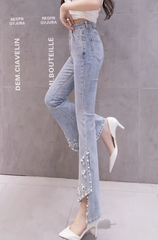 Casual Skinny Split High-waist Beading Pearl Chain Flared Pants Mssza