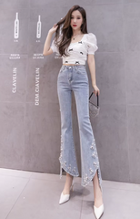 Casual Skinny Split High-waist Beading Pearl Chain Flared Pants Mssza