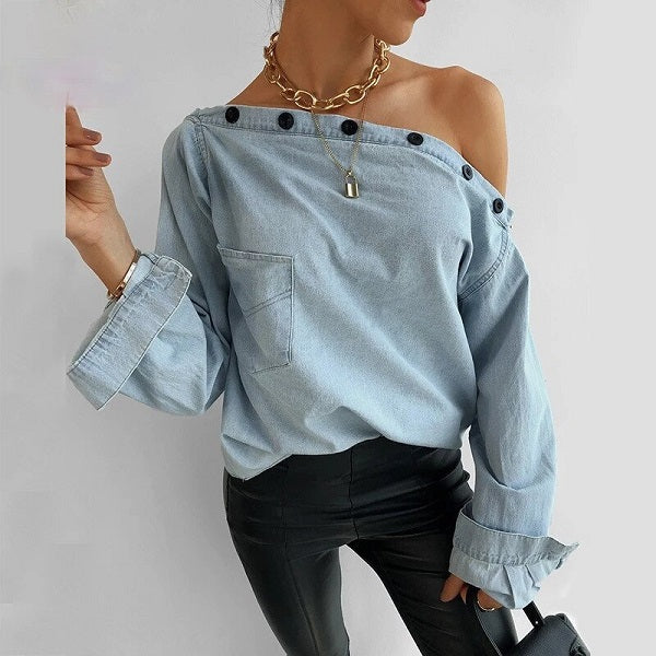 Slash Neck Long Sleeve Casual Loose Denim T-Shirts Mssza
