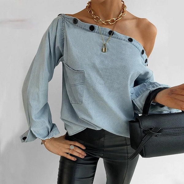 Slash Neck Long Sleeve Casual Loose Denim T-Shirts Mssza