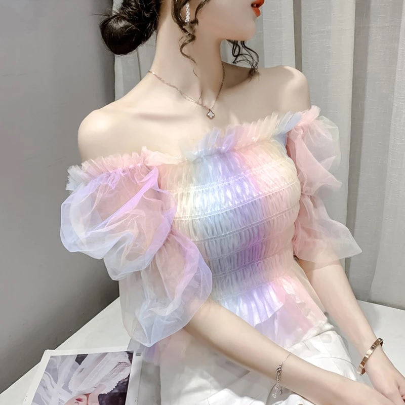 Slash neck rainbow mesh puff sleeve sweet shirt Mssza