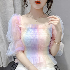 Slash neck rainbow mesh puff sleeve sweet shirt Mssza