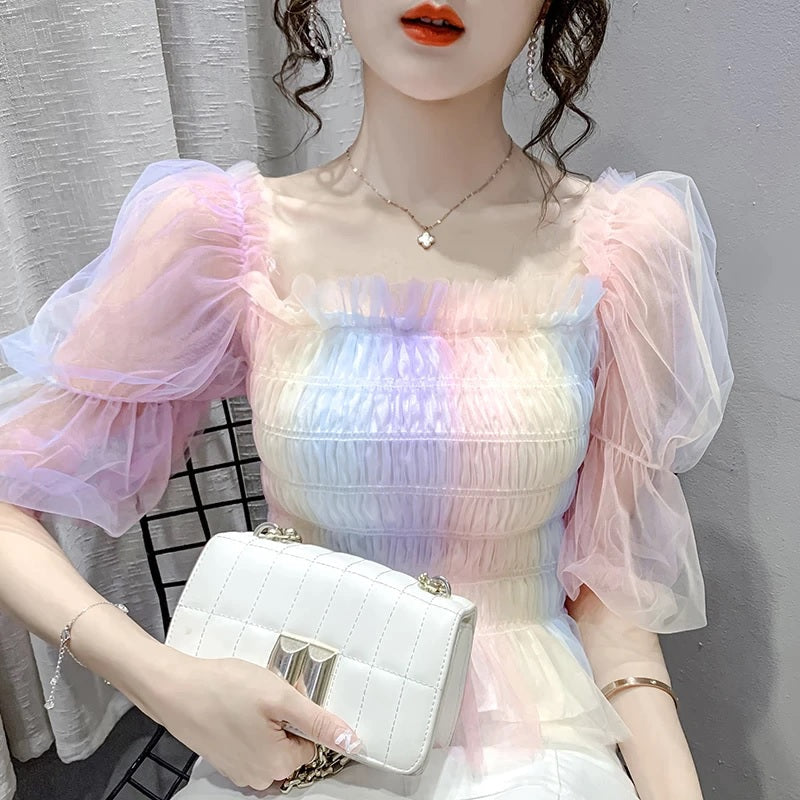 Slash neck rainbow mesh puff sleeve sweet shirt Mssza