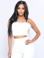 Sleeveless Cotton Blend Fur Edge Vest Top Mssza