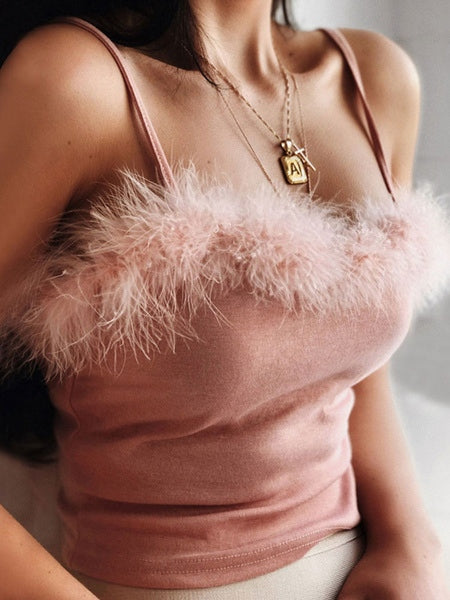 Sleeveless Cotton Blend Fur Edge Vest Top Mssza