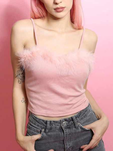 Sleeveless Cotton Blend Fur Edge Vest Top Mssza