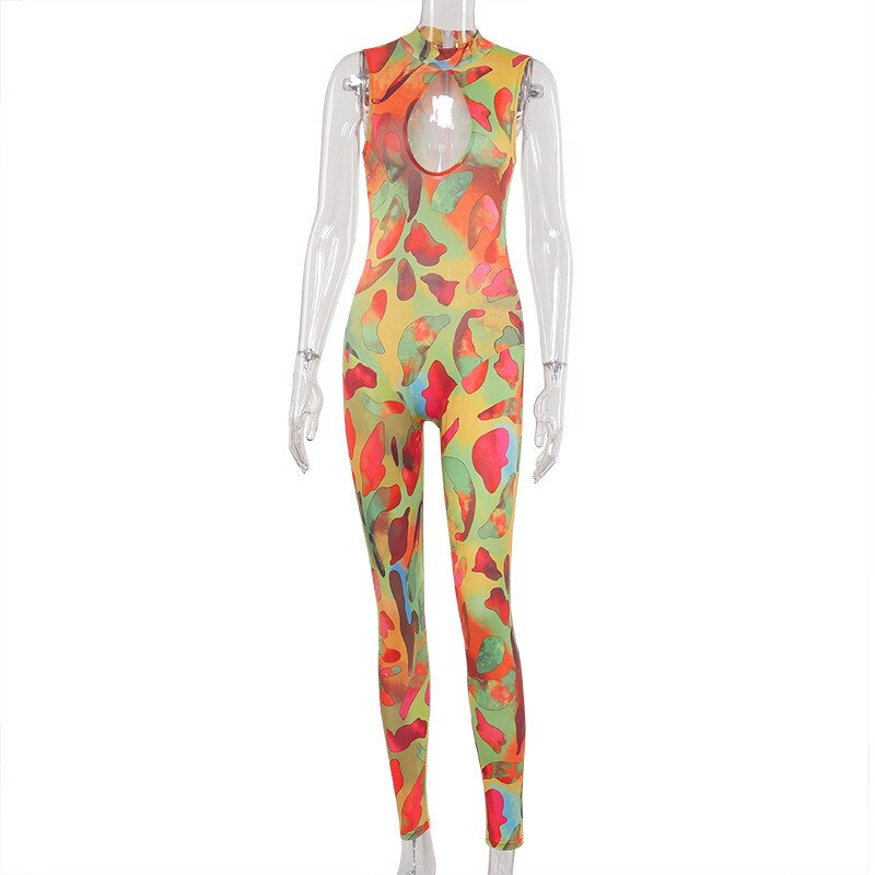 Sleeveless Hole Print Bodycon Jumpsuit Mssza