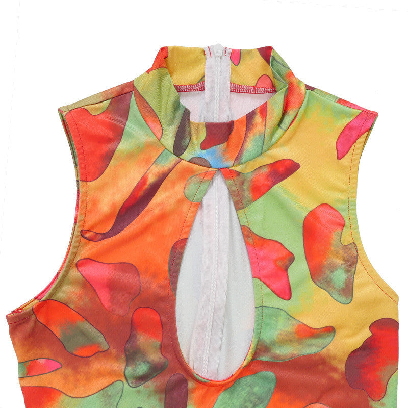 Sleeveless Hole Print Bodycon Jumpsuit Mssza