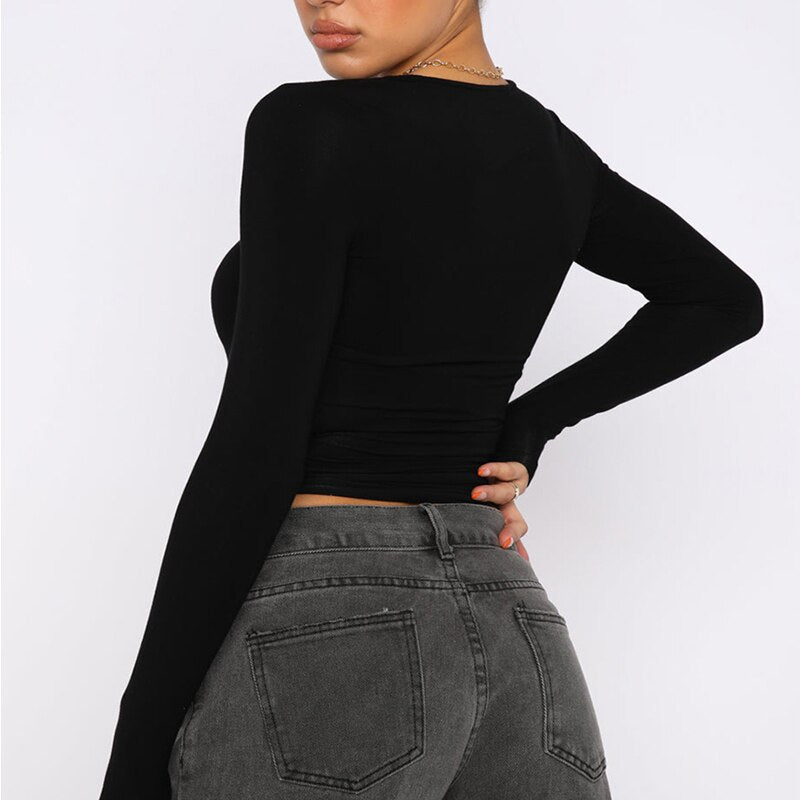 Slim Cropped Tops Solid Color Round Neck Long Sleeve Show Navel TShirt Mssza