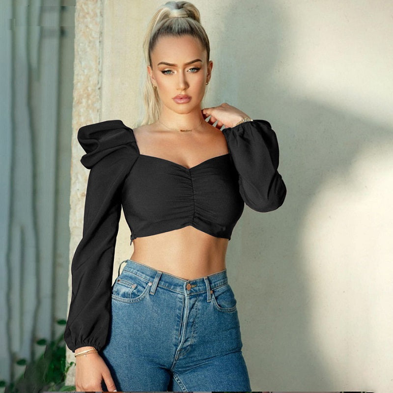 Slim Square Collar Pleated Casual Streetwear Tees Mssza
