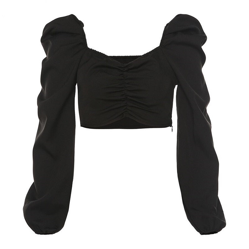 Slim Square Collar Pleated Casual Streetwear Tees Mssza