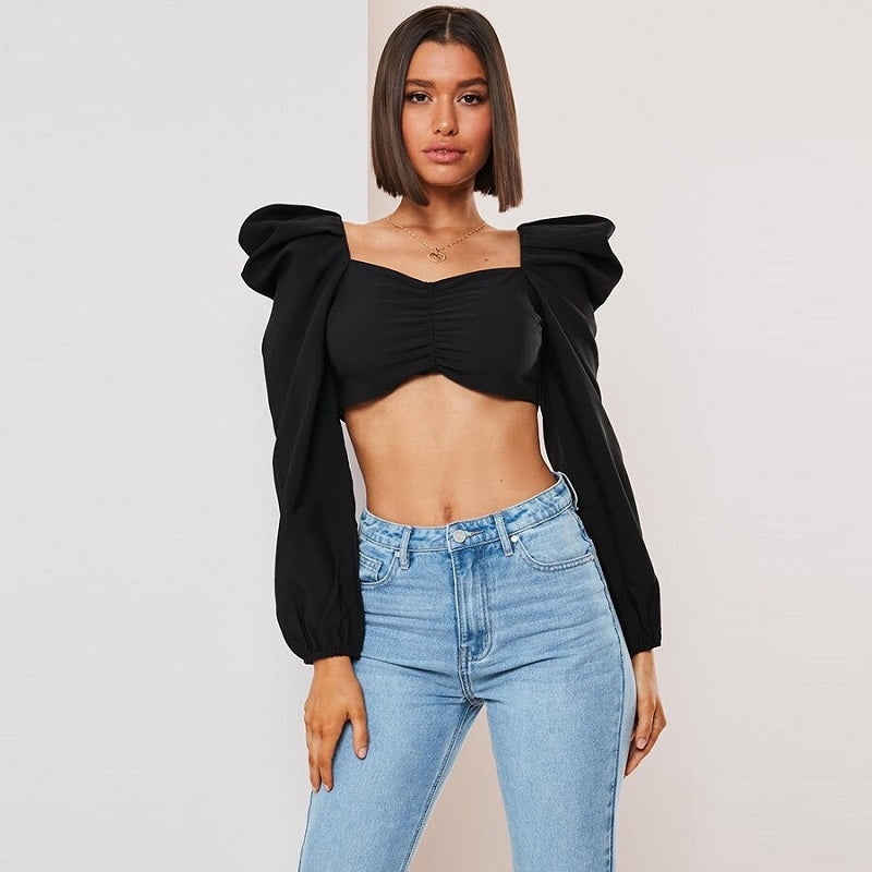 Slim Square Collar Pleated Casual Streetwear Tees Mssza