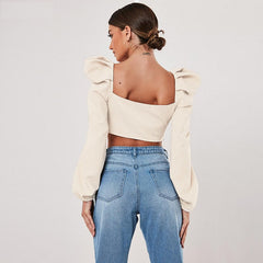 Slim Square Collar Pleated Casual Streetwear Tees Mssza