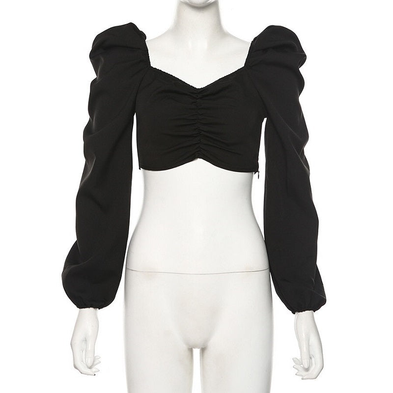 Slim Square Collar Pleated Casual Streetwear Tees Mssza
