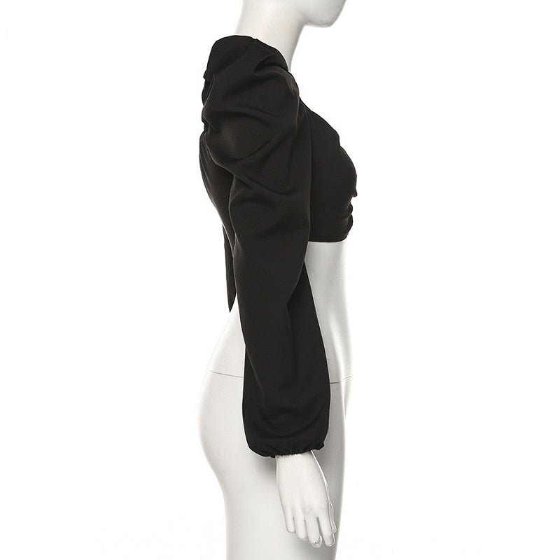Slim Square Collar Pleated Casual Streetwear Tees Mssza
