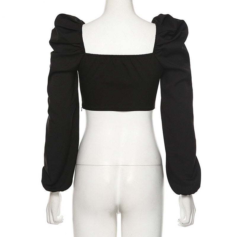 Slim Square Collar Pleated Casual Streetwear Tees Mssza