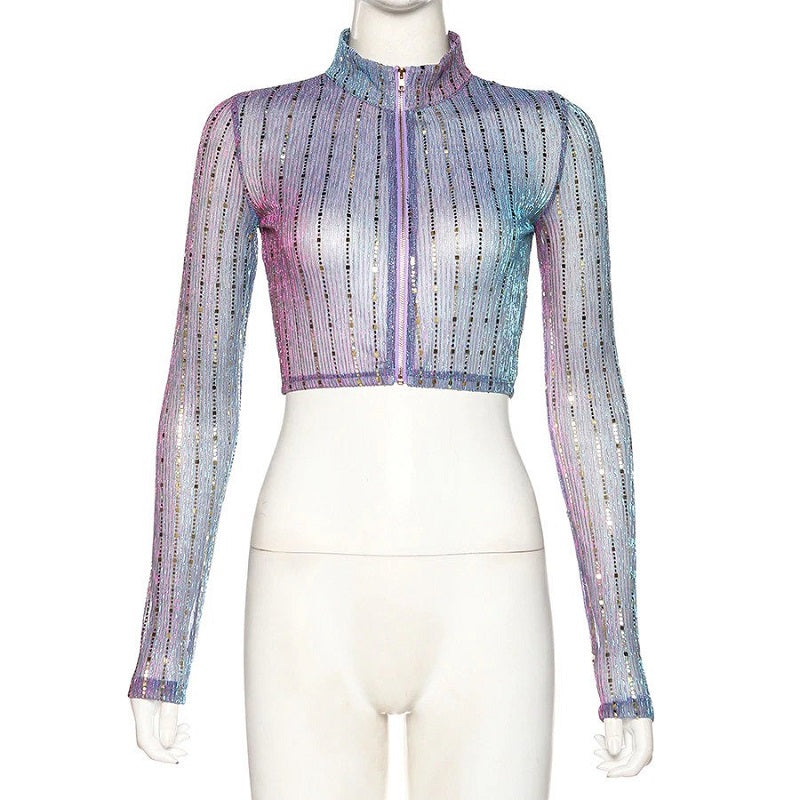Slim streetwear transparent personality Flash sequins crop top Mssza