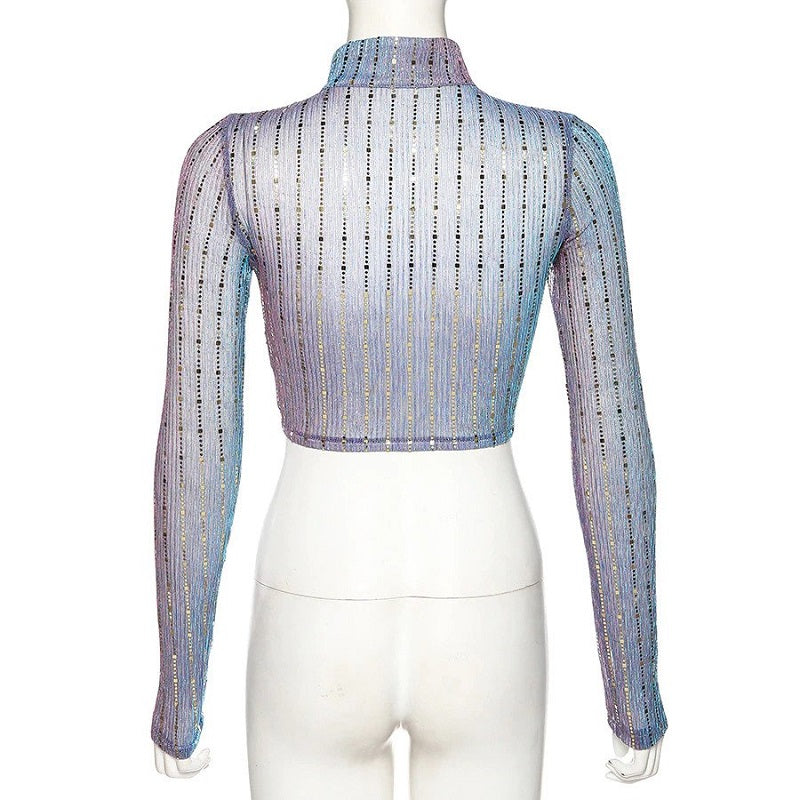 Slim streetwear transparent personality Flash sequins crop top Mssza