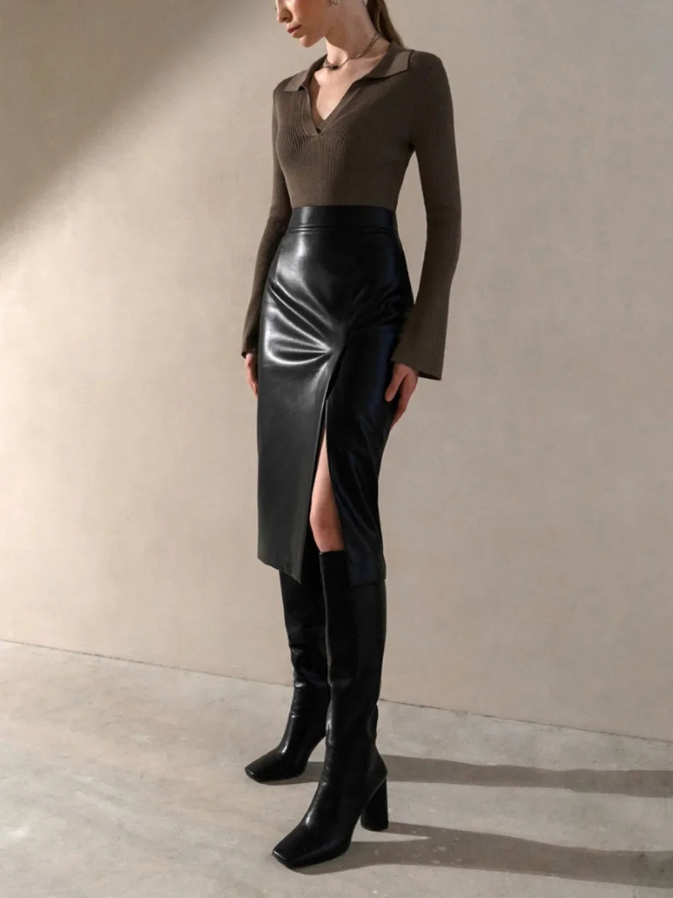 Slit High Waist Office Lady Elegance Pencil Solid Elegant Midi Skirts Mssza