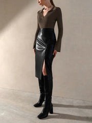 Slit High Waist Office Lady Elegance Pencil Solid Elegant Midi Skirts Mssza