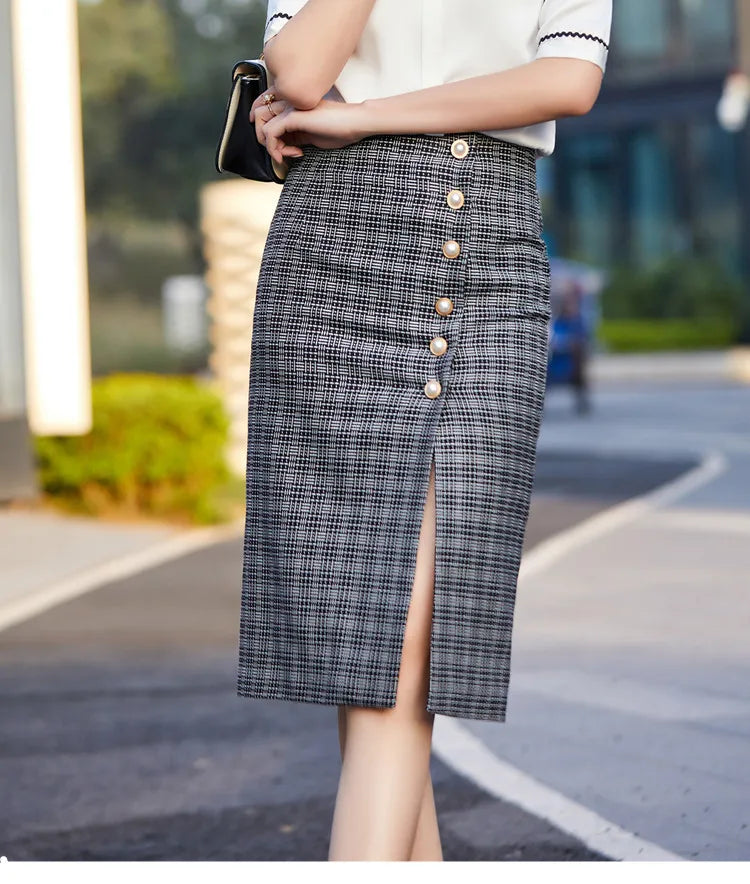 Slit Slim Hip Button Decoration Elegant Office And Casual Skirts Mssza