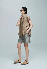 Small Gold Buttons Collared Short-Sleeved With Pocket Loose Linen Shirt Mssza