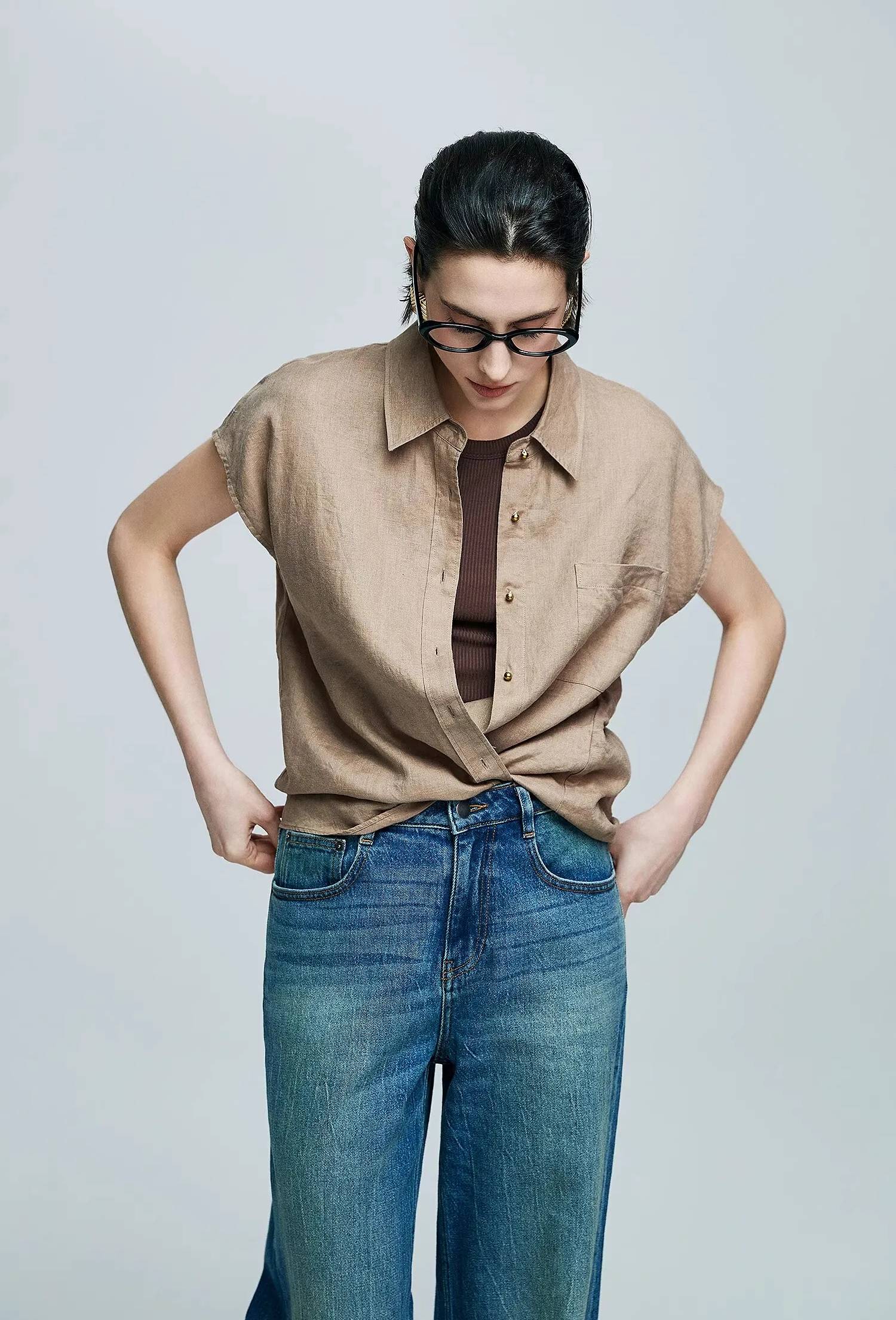 Small Gold Buttons Collared Short-Sleeved With Pocket Loose Linen Shirt Mssza