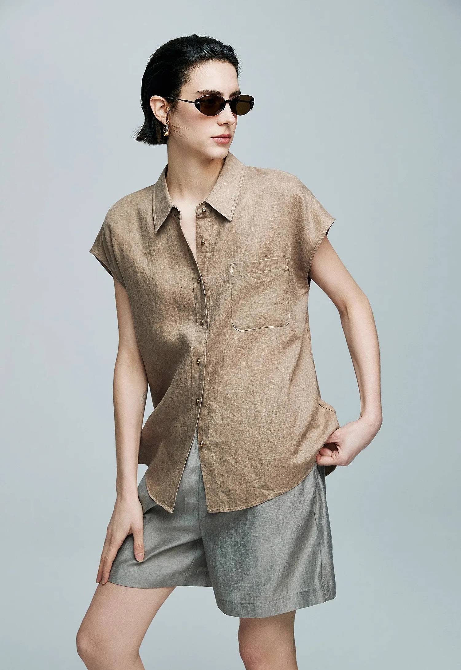 Small Gold Buttons Collared Short-Sleeved With Pocket Loose Linen Shirt Mssza