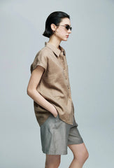 Small Gold Buttons Collared Short-Sleeved With Pocket Loose Linen Shirt Mssza