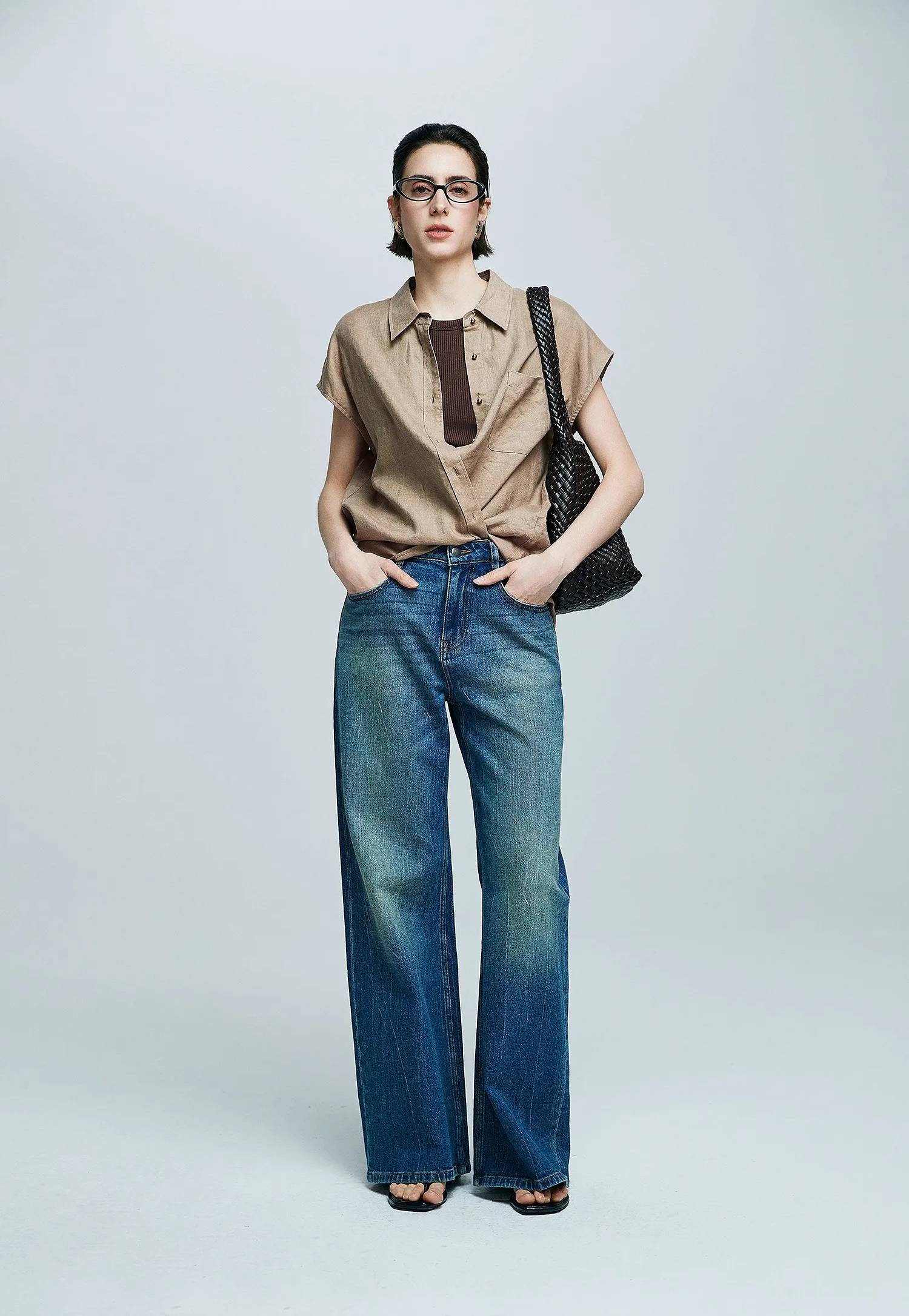 Small Gold Buttons Collared Short-Sleeved With Pocket Loose Linen Shirt Mssza